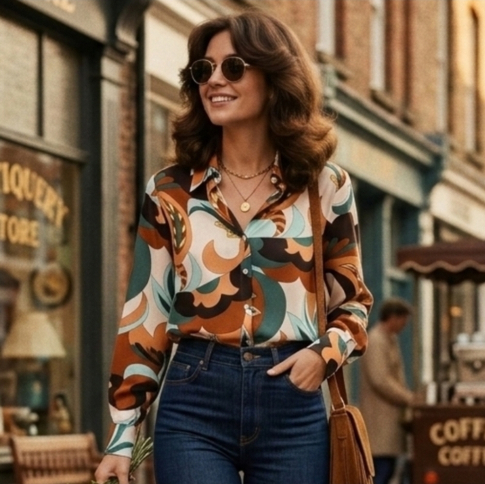 Mango Retro Swirl Print Satin Blouse in Teal, Brown & Cream